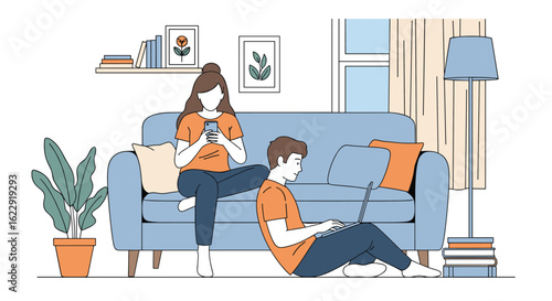 Modern Living Room Scene with People Using Technology and Relaxing on Couch
