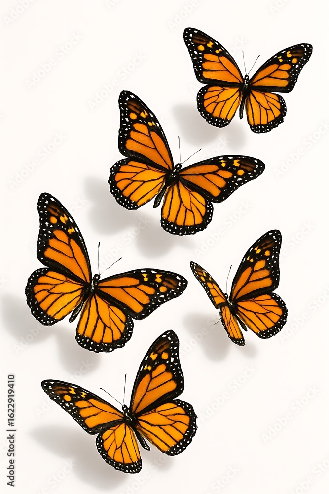 Obraz premium A cluster of vibrant orange monarch butterflies with black markings scattered across a clean white background isolated on white background