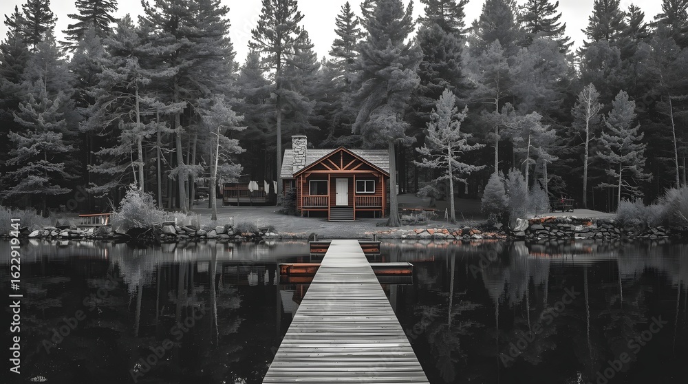 Fototapeta premium Wooden Pier with Log Cabin by Lake
