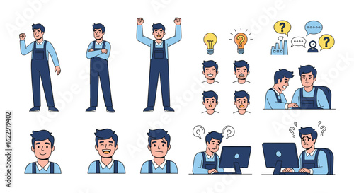 Skilled Tradespeople Showcasing Diverse Emotions Work Scenarios and Thought Bubbles With Lightbulbs Representing Ideas and Problem Solving