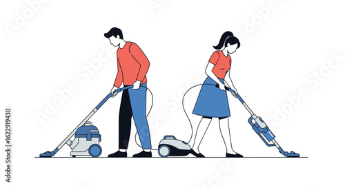 Couples Together Cleaning Home with Vacuum Appliances for a Tidy Living Space