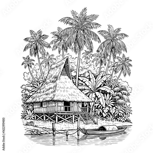 Tropical island hut with boat and palm trees in a detailed ink drawing vector illustration
