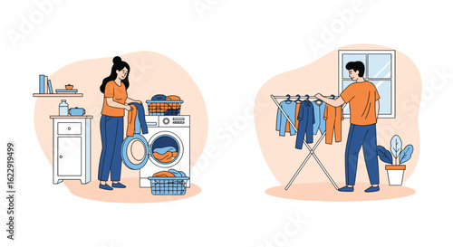 Modern Home Life A Man and Woman Doing Laundry Together Folding Clothes Drying Clothes Indoors