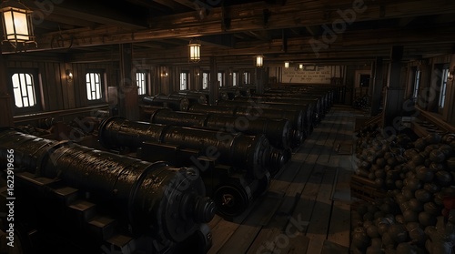 Old Shipyard with Cannons and Wooden Deck