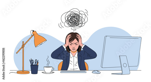 Overwhelmed businesswoman struggling with intense pressure and mental chaos at her desk