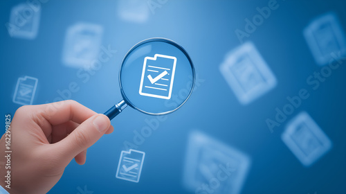 Document Review: A hand, holding a magnifying glass, zeroes in on a document icon against a serene blue backdrop, highlighting the importance of detail, data, analysis, and scrutiny in a clear manner.