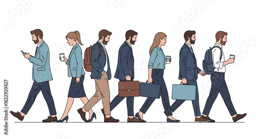Professional people walking together on a white background engaged in their daily work activities