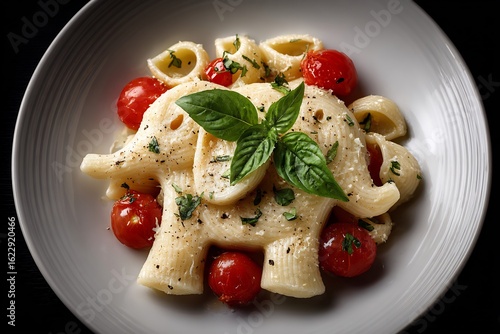 Elephant shaped pasta with tomatoes and basil in a bowl on a dark background close up shot