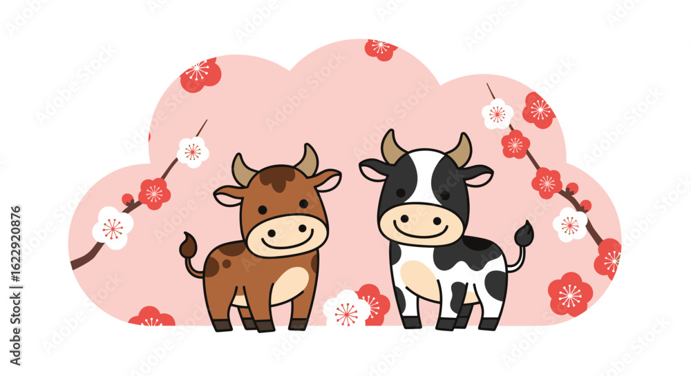 Naklejka premium Charming Oxen Celebrate Spring With Blossoming Plum Branches Together