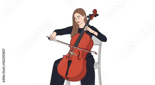 A Young Woman Plays the Cello Beautifully on a White Background