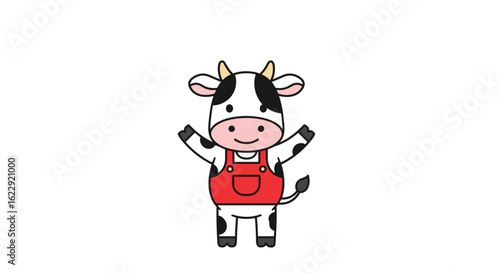 A Cute Cartoon Cow Character Wearing Red Overalls Dancing Happily with Arms Raised in a Fun and Cheerful Manner