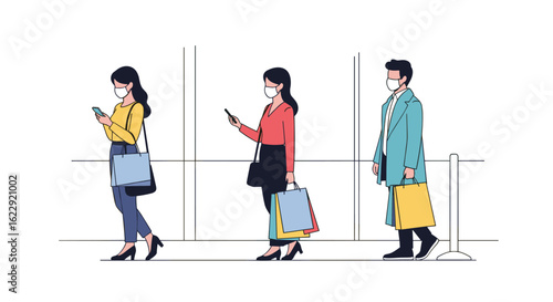People Waiting in Line Maintaining Social Distance Following Public Health Guidelines