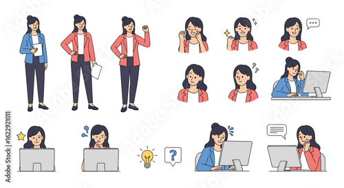 Pixel Art Woman Character Expressing Various Emotions and Poses