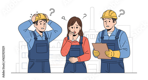 Confused construction workers looking at a clipboard with question marks above their heads