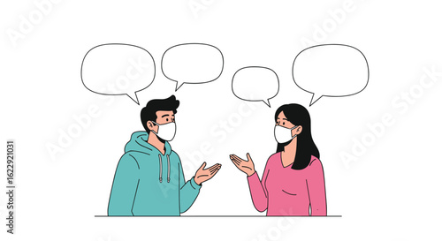 People Wearing Masks Talking Together With Speech Bubbles Above Them Illustrating Conversation