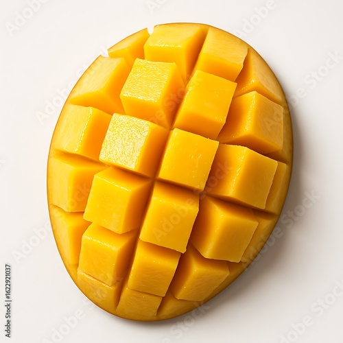 Freshly cut ripe mango fruit diced cubes prepared for eating isolated on white background