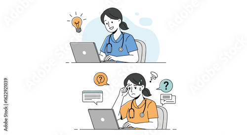 Medical professional learning new skills and facing challenges on computer