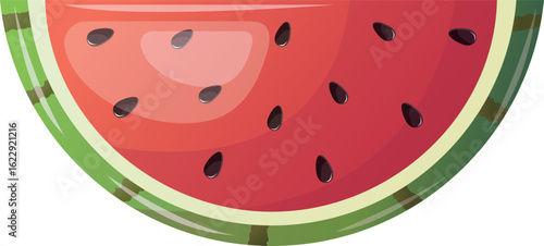 A slice of watermelon. A piece of summer berry with juicy red flesh, tiny black seeds, covered in green skin.
