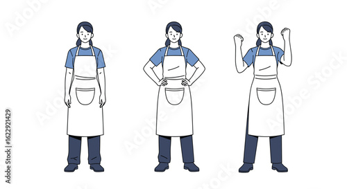 Three women wearing aprons striking different confident poses for work