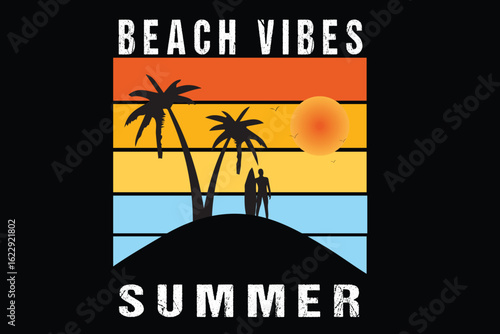 A couple stands on a beach at sunset with palm trees and a surfboard, creating a retro summer beach vibes illustration