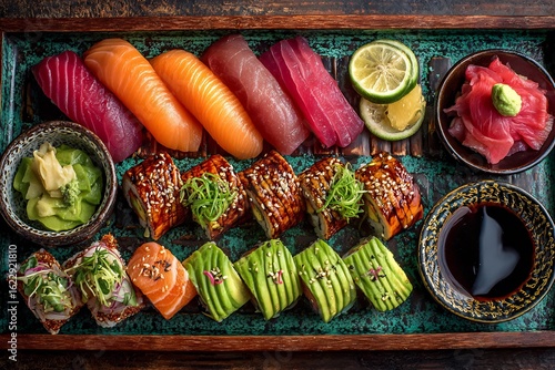 A top view of a wooden tray filled with a variety of sushi rolls, nigiri and condiments neatly arranged