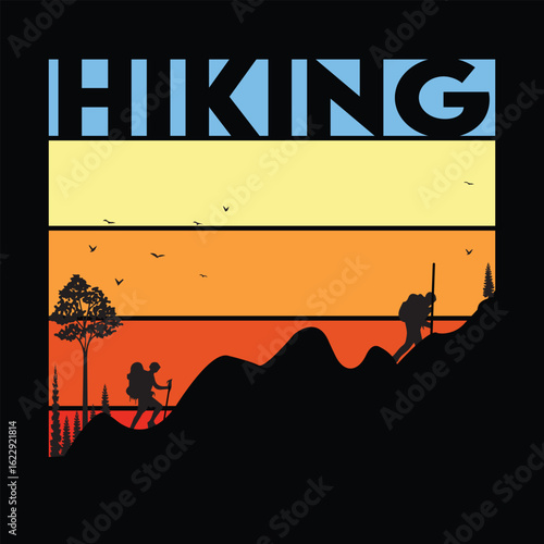 A silhouette of two hikers climbing a mountain at sunset, with birds flying in the sky, creating a vintagestyle hiking illustration