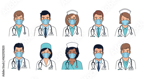 Diverse Medical Professionals Wearing Protective Face Masks during Health Crisis Illustration