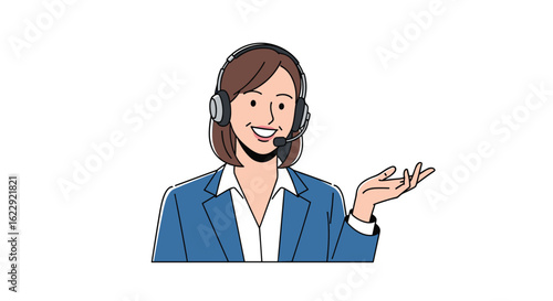 Friendly customer service representative wearing a headset and smiling while gesturing to the side