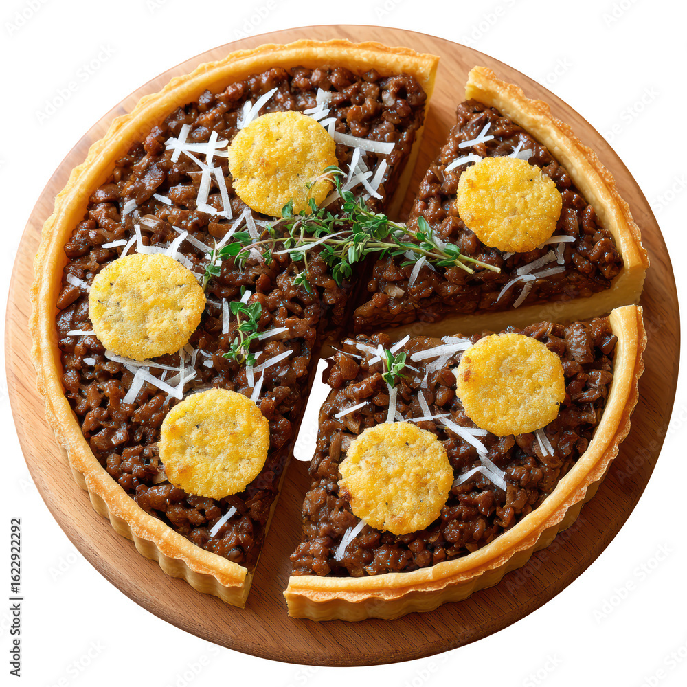 Fototapeta premium Flaky Pastry Tart Filled with Wild Mushroom Duxelles, Topped with Thyme Sprigs and Parmesan Crisps