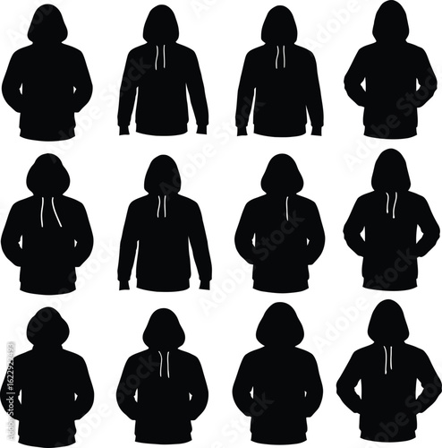 A comprehensive collection of diverse hoodie silhouettes, showcasing various styles including pullovers, zip-ups, and different drawstring options, ideal for apparel design, streetwear, and athletic.
