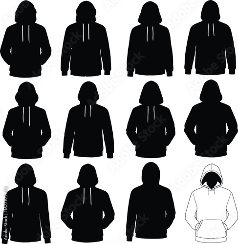 A comprehensive collection of diverse hoodie silhouettes, showcasing various styles including pullovers, zip-ups, and different drawstring options, ideal for apparel design, streetwear, and athletic.