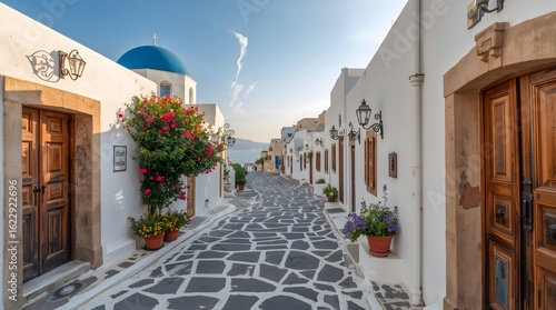 Fototapeta Naklejka Na Ścianę i Meble -  Alleyway through Greek village with blue church and potted plants
