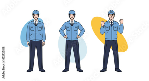 Three workers in blue uniforms standing and posing with different gestures