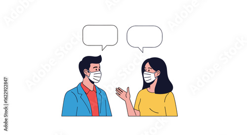 Two people talking with face masks and speech bubbles illustrating communication