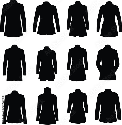 A comprehensive collection of diverse women's coat and jacket silhouettes, showcasing various styles including tailored blazers, peacoats, and long coats, ideal for fashion design and apparel.