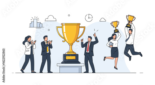 Celebrating business success with a giant golden trophy and cheerful team members