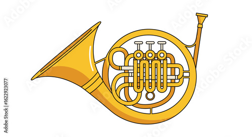 Golden french horn musical instrument with valves and bell