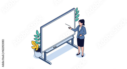 Illustrative depiction of a woman presenting information on a whiteboard