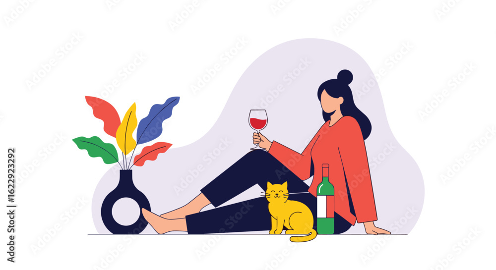 Obraz premium A woman enjoys a glass of wine with her cat nearby a colorful vase