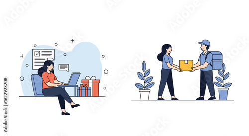 Woman working on laptop receiving parcel from delivery person outside home illustration