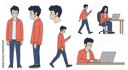 Pixel art characters wearing face masks engaging in various daily activities