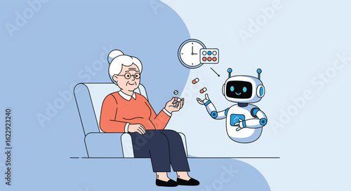 An elderly woman interacts with a friendly robot that helps her manage her finances and coins
