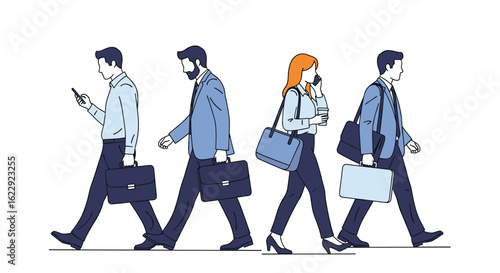 Diverse professionals commuting together daily to workplaces with briefcases and smartphones