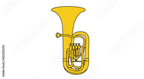 An illustrated brass musical instrument a tuba with a bell and valves