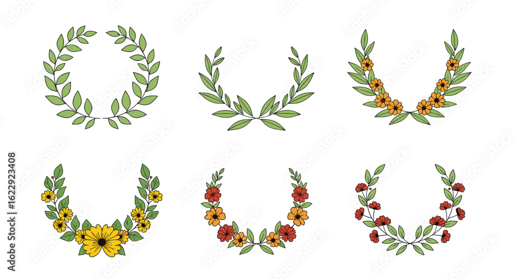 Obraz premium Beautiful floral wreaths and laurel branches perfect for celebrations and decorations