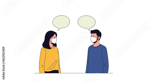 Two people wearing face masks talking to each other with speech bubbles above their heads representing communication during a pandemic