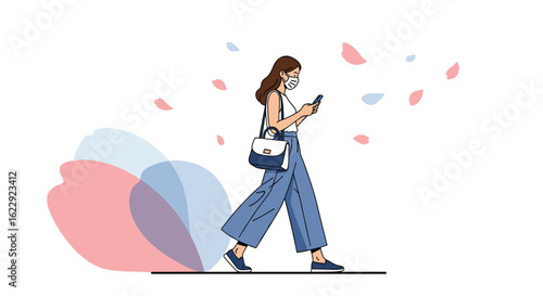 Young woman using smartphone while walking outdoors with blooming flowers floating around her