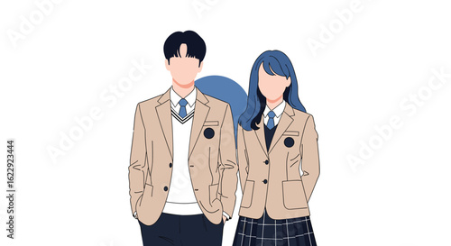 Young students in school uniforms standing together with one shoulder around the other