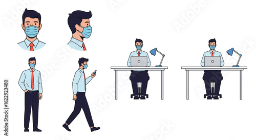 Professionals wearing masks in various work scenarios during a health crisis