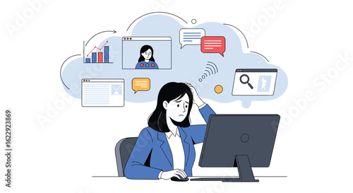 Woman working on computer with digital cloud information over her head
